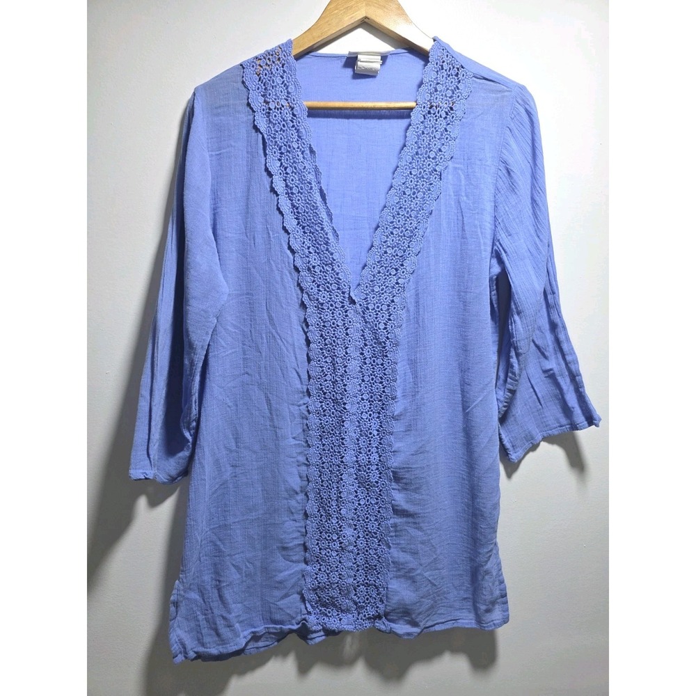 La Blanca Island Fare V-Neck Detailed Tunic 3/4 Sleeve Coverup Blue Size M